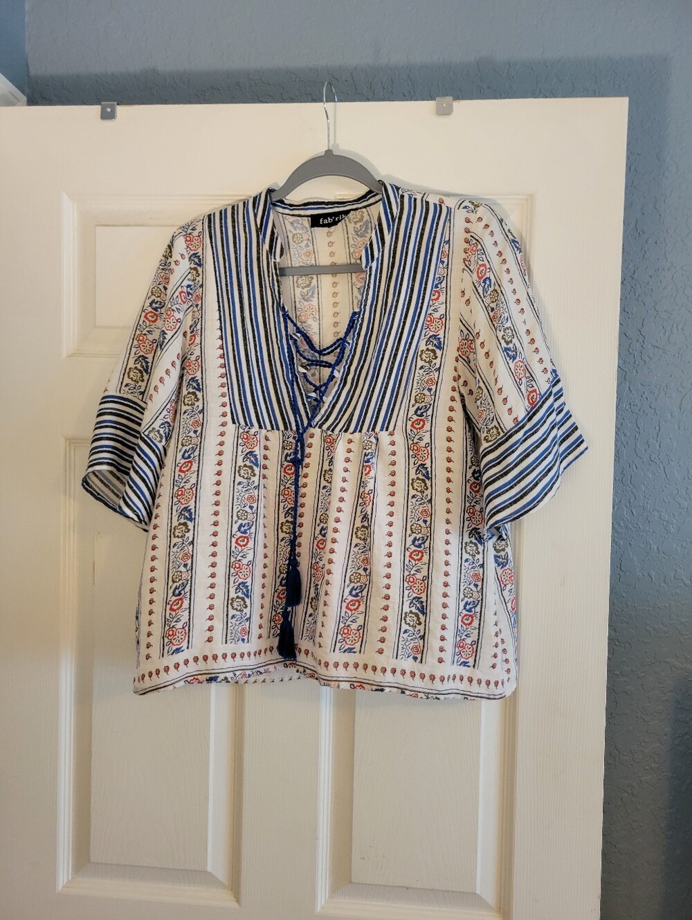 fab'rik Cream Peasant Top with Blue Stripes & Multicolor Floral Trim Size Small